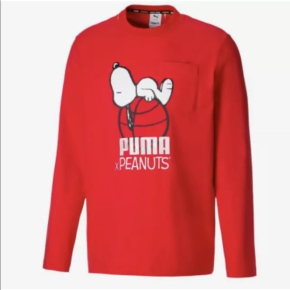 NWT Mens Puma x Peanuts Snoopy Basketball Long Sleeve Red T-shirt Sz Medium - Picture 1 of 10
